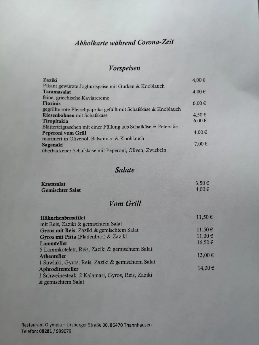 Speisekarte, Restaurant Olympia
