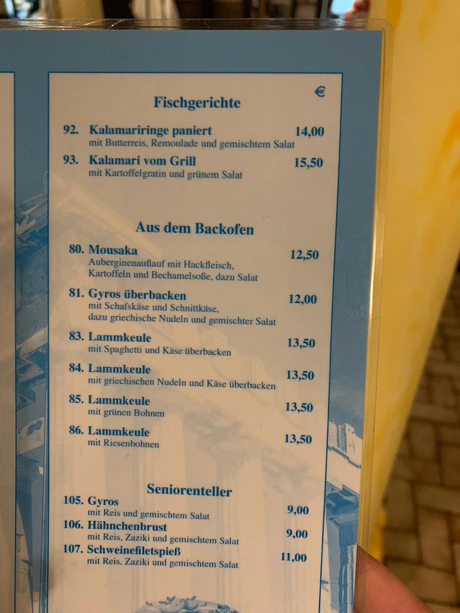 Speisekarte, Restaurant Olympia