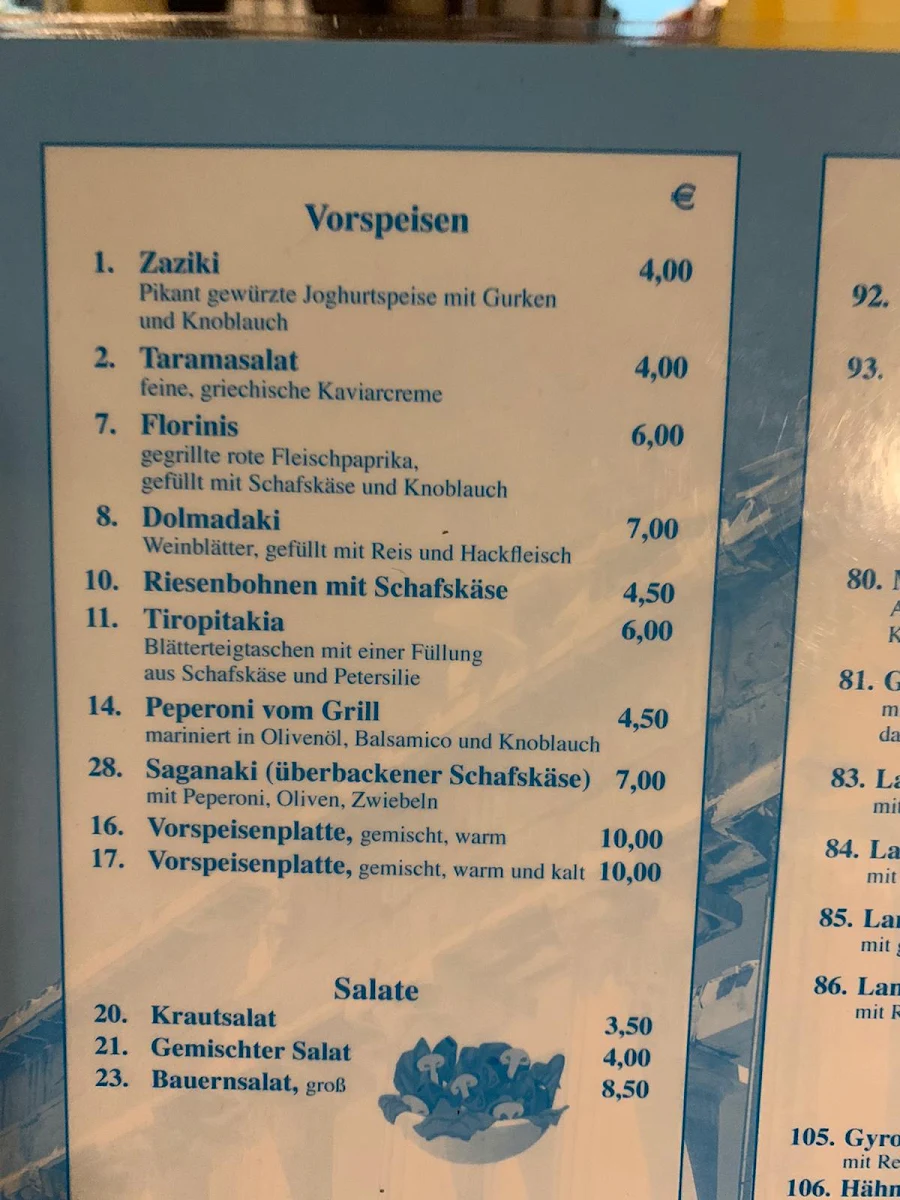 Speisekarte, Restaurant Olympia