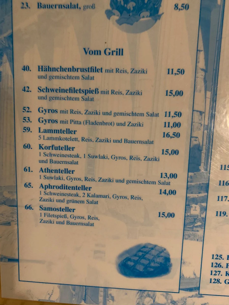 Speisekarte, Restaurant Olympia