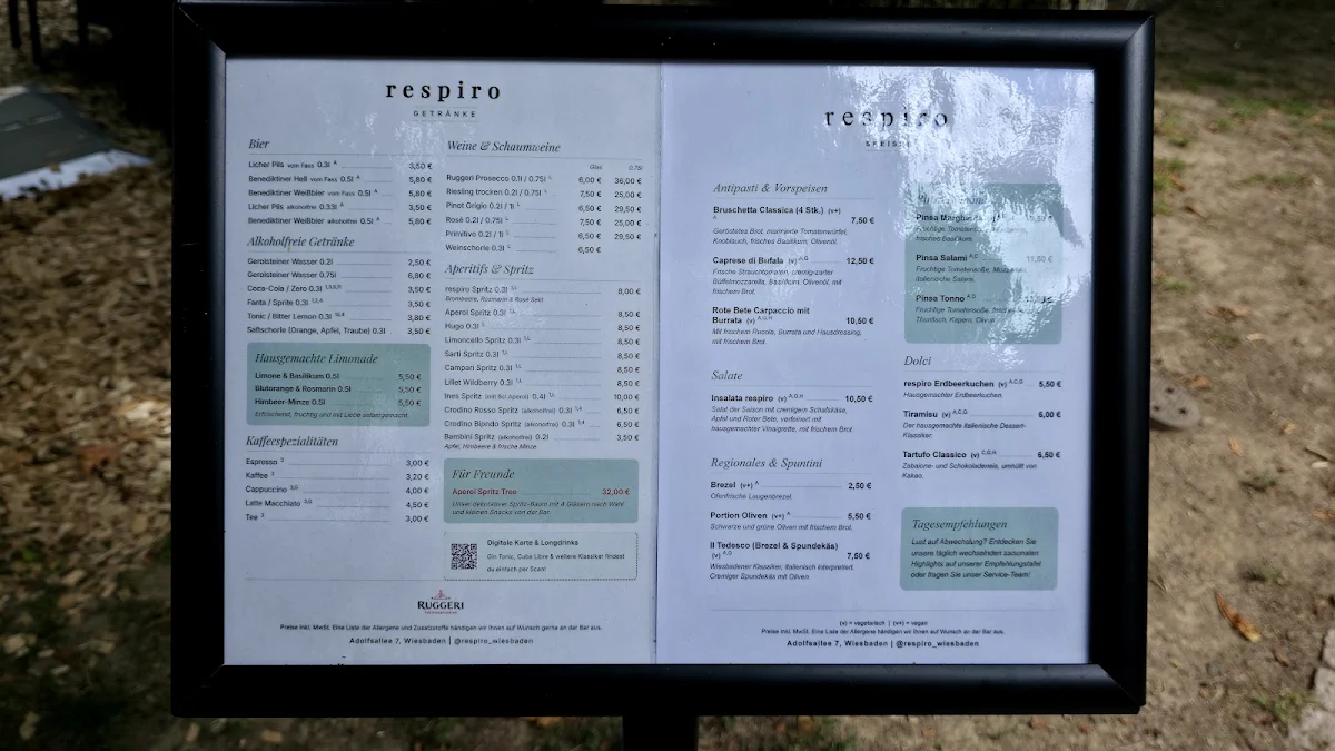 Speisekarte, respiro - Birra, Spritz & Vino