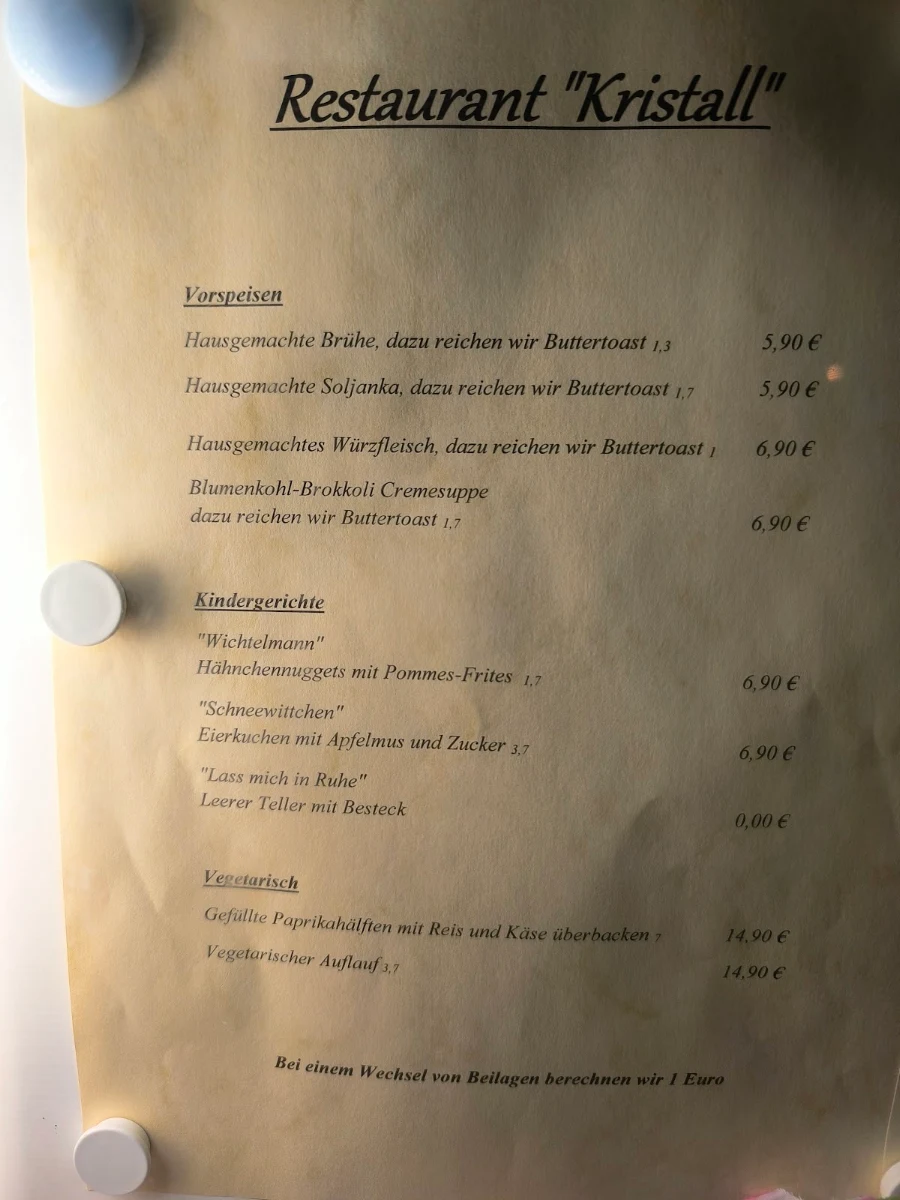 Speisekarte, Restaurant Kristall