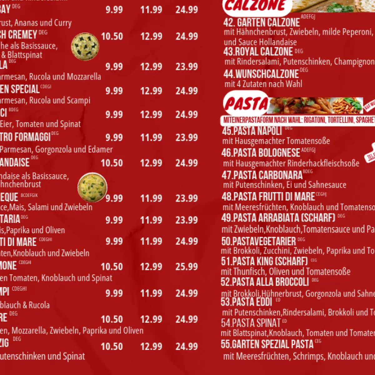 Speisekarte, Gartenpizzeria