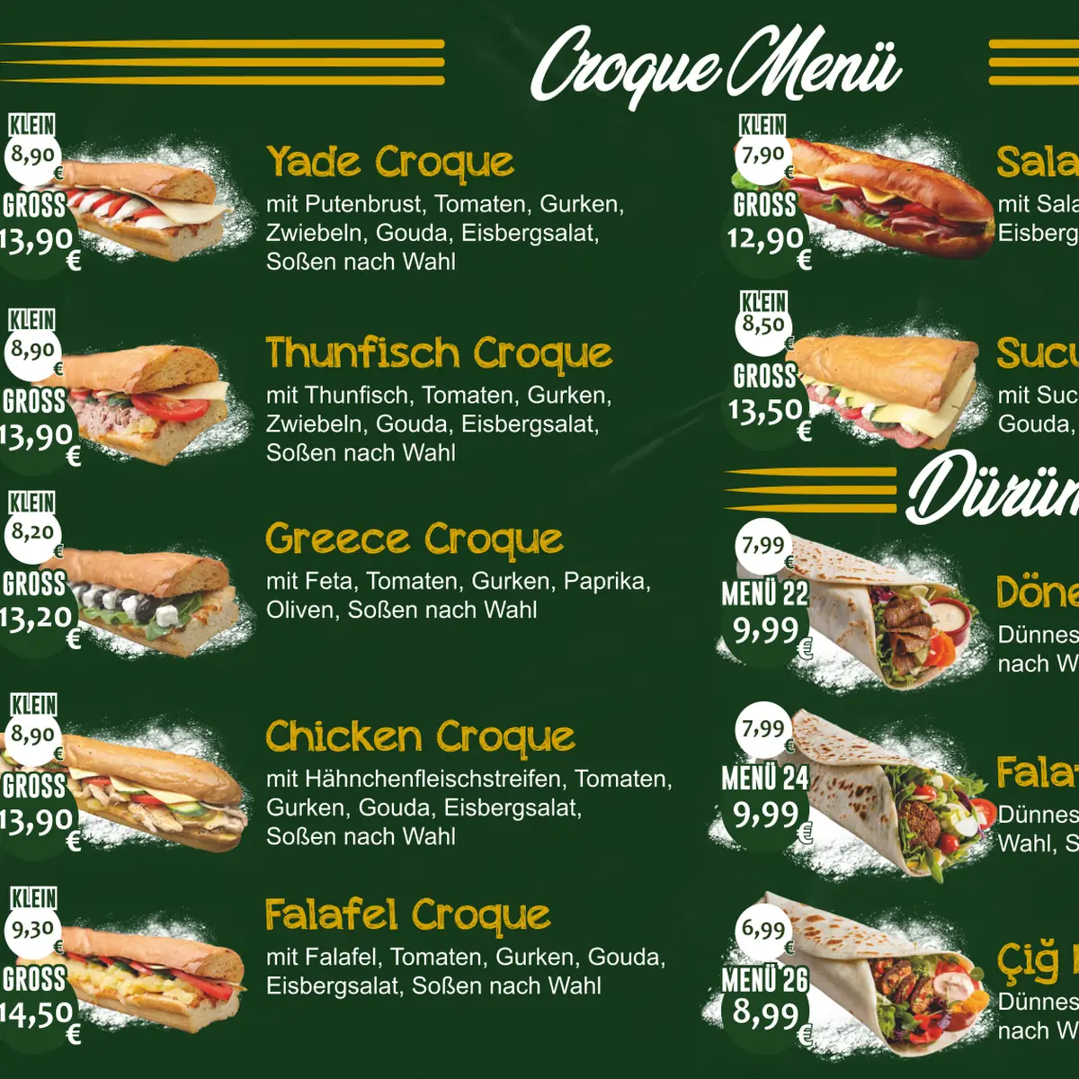Speisekarte, PATATAS - KUMPIR - Ofenkartoffel mit Toppings, Dürüm und Croque