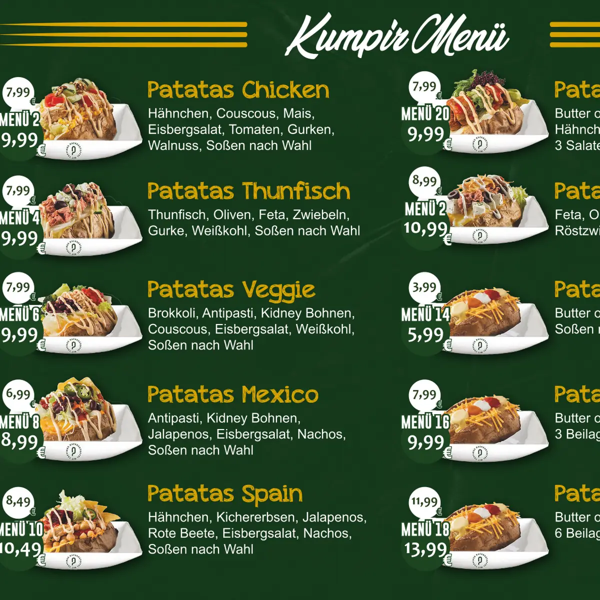 Speisekarte, PATATAS - KUMPIR - Ofenkartoffel mit Toppings, Dürüm und Croque