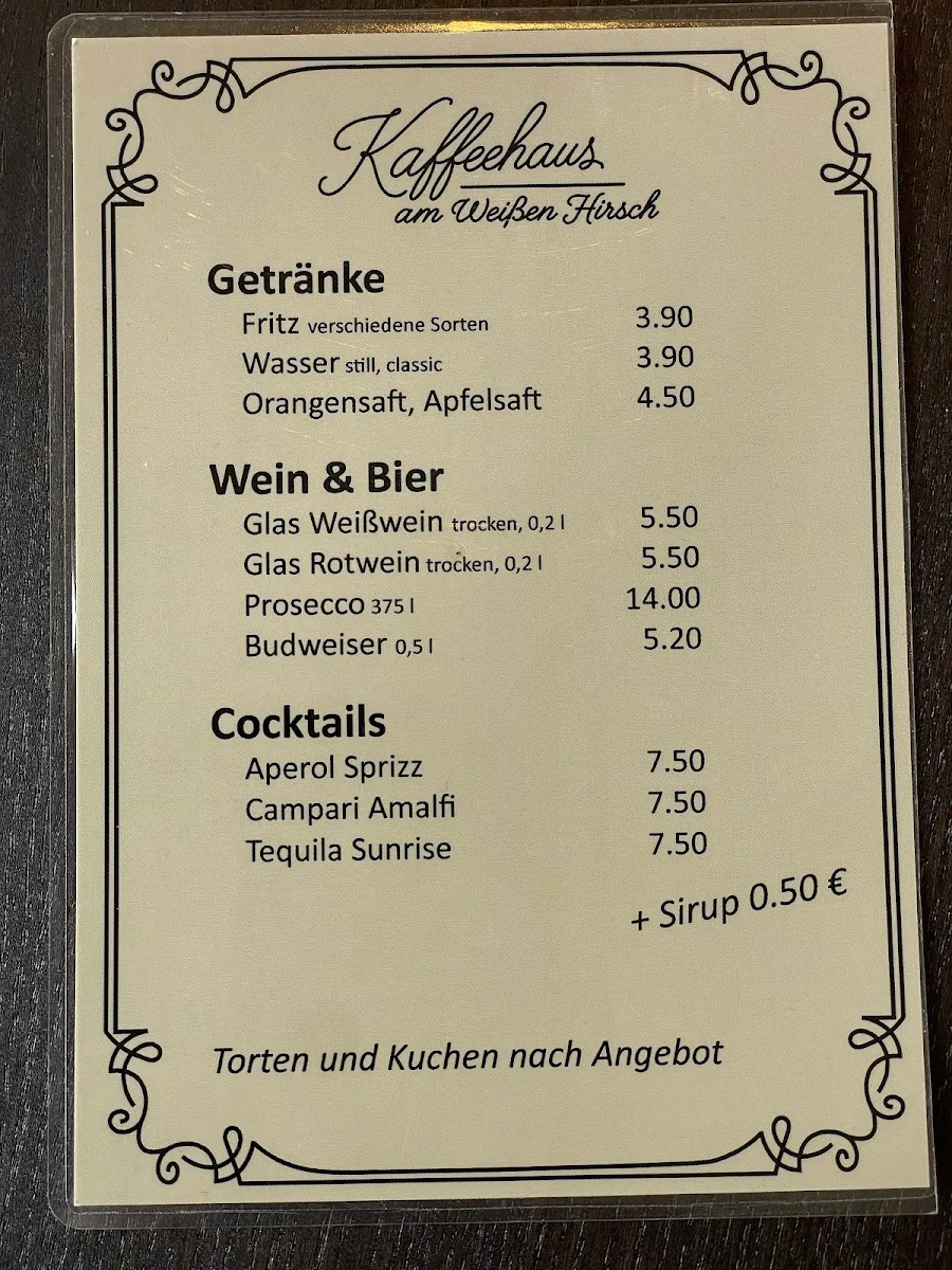 Speisekarte, Kaffeehaus am Weißen Hirsch