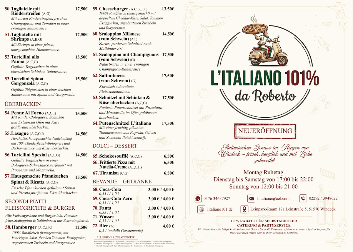 Speisekarte, Pizzeria und Lieferservice L'Italiano Windeck