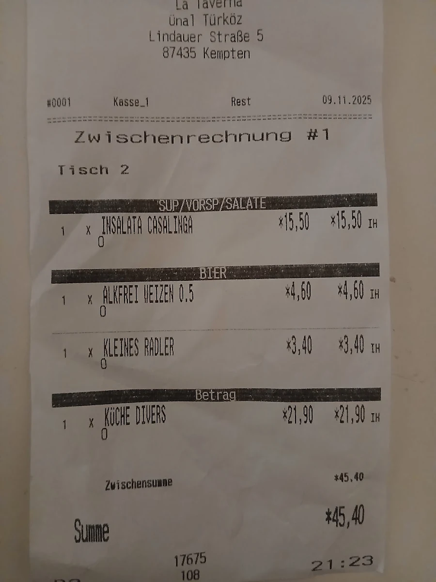 Speisekarte, La Taverna