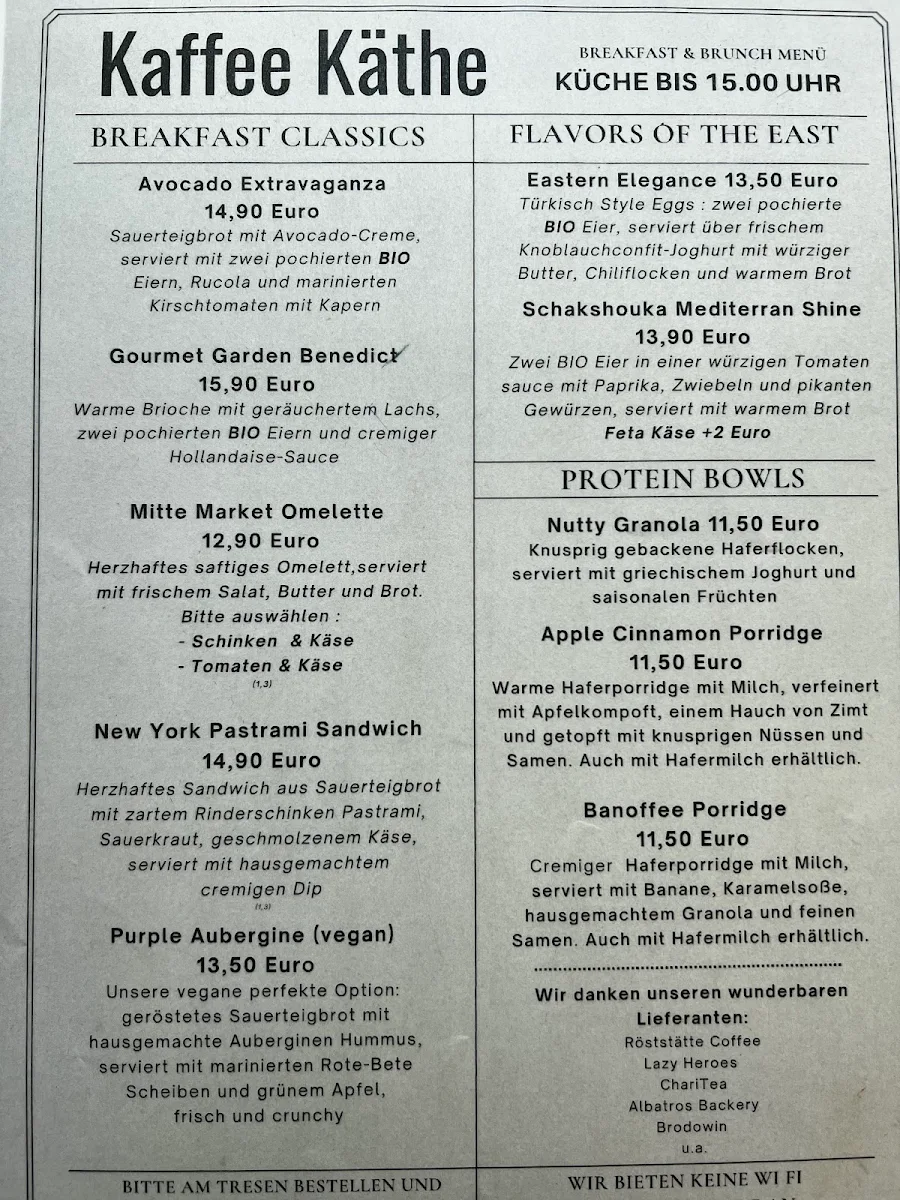 Speisekarte, Kaffee KÄTHE Breakfast und Brunch