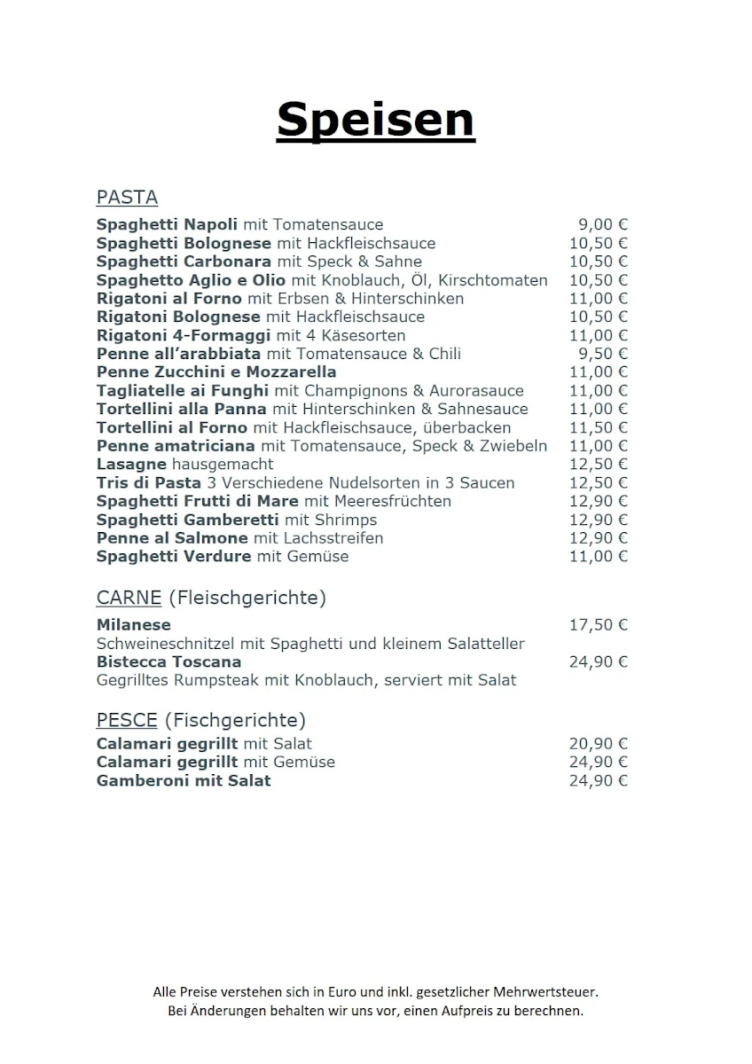 Speisekarte, Bistro Klein Paris