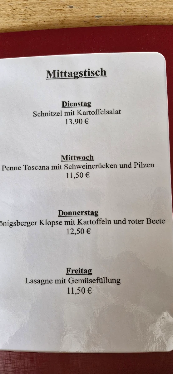 Speisekarte, Bistro Klein Paris