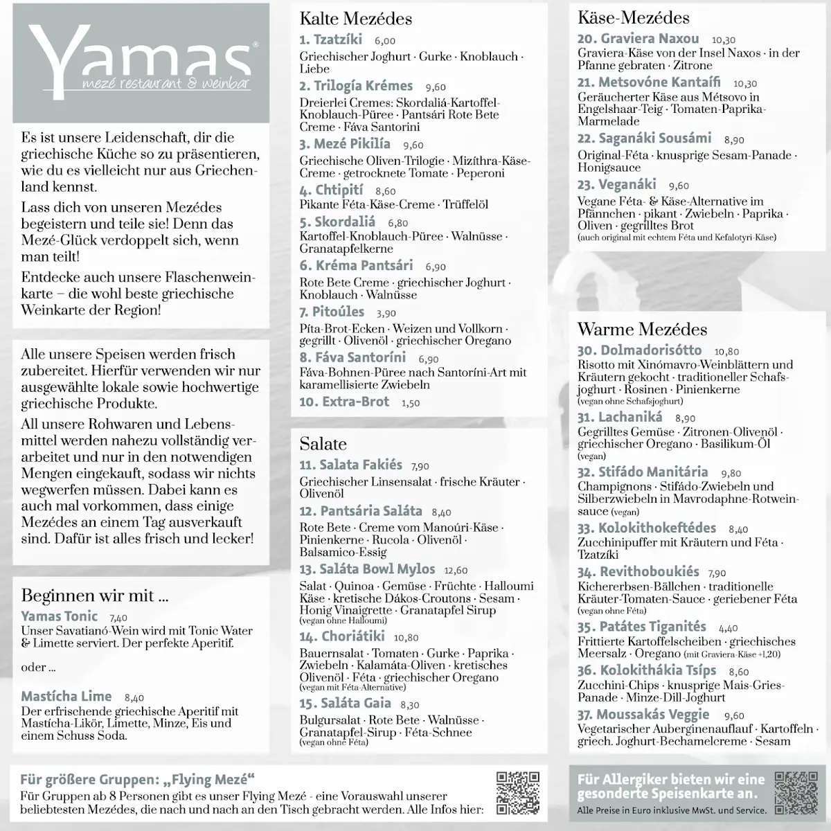 Speisekarte, Yamas mezé restaurant & weinbar Bochum