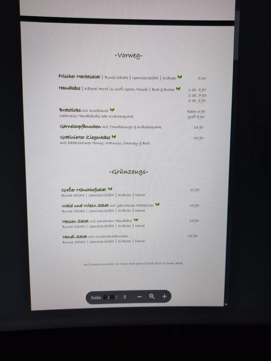 Speisekarte, Restaurant Mönchhof Eddersheim