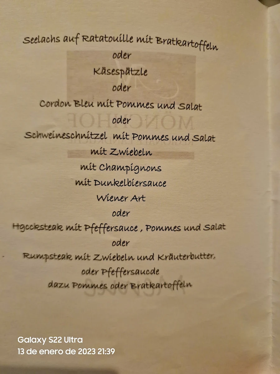 Speisekarte, Restaurant Mönchhof Eddersheim