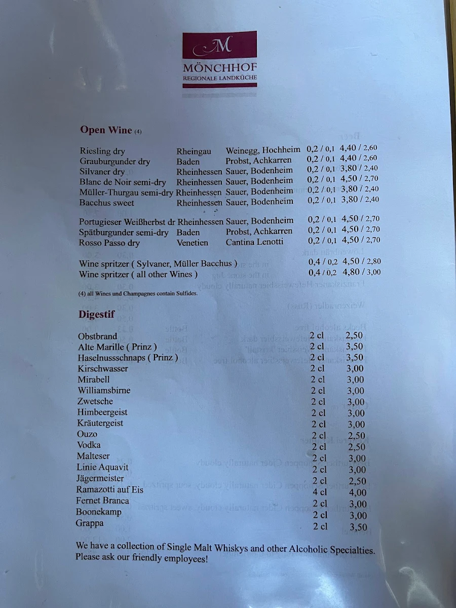 Speisekarte, Restaurant Mönchhof Eddersheim