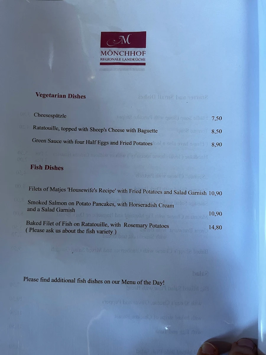 Speisekarte, Restaurant Mönchhof Eddersheim