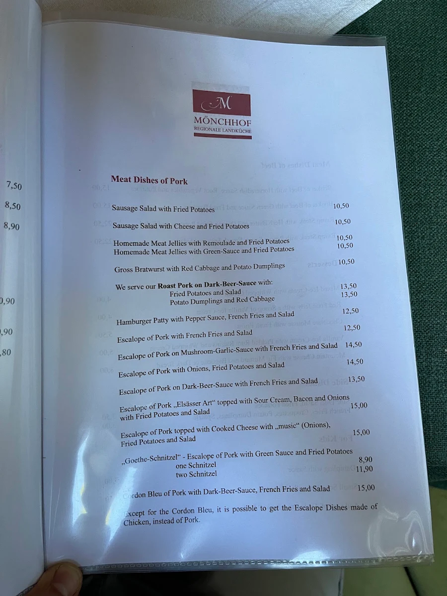 Speisekarte, Restaurant Mönchhof Eddersheim