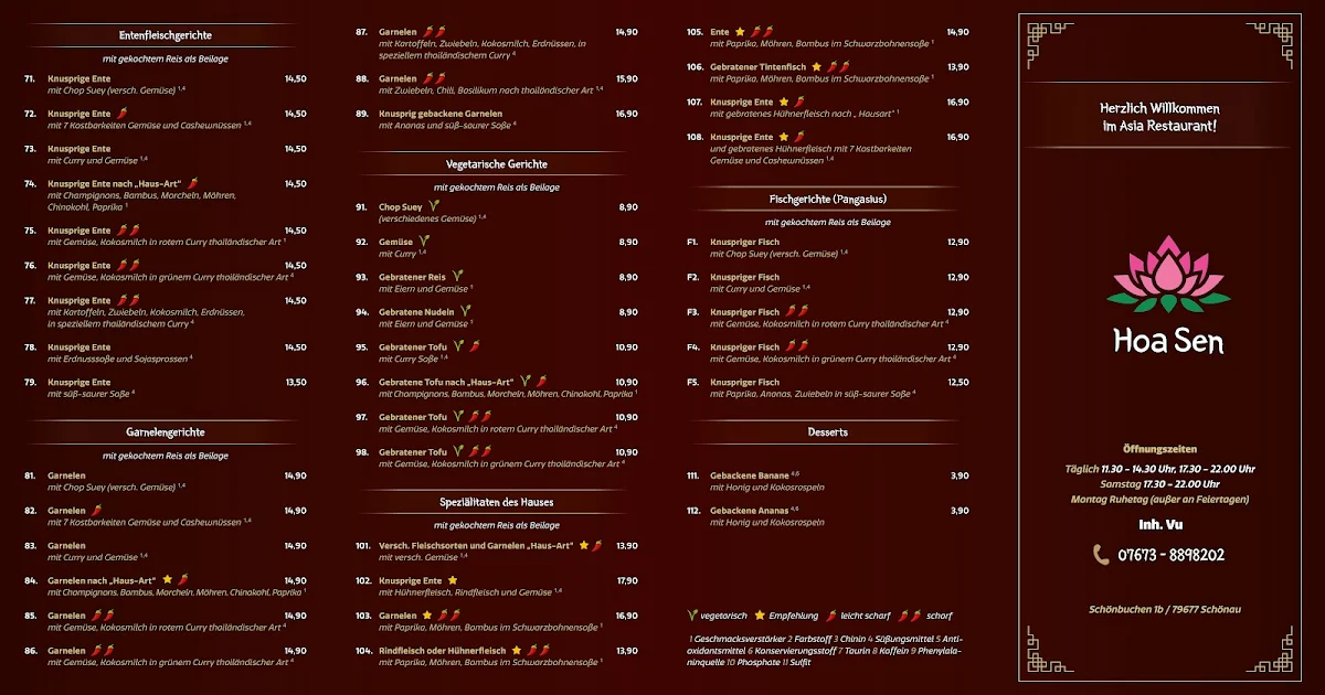 Speisekarte, Hoa Sen Restaurant