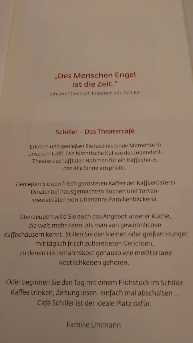 Speisekarte, Schiller - Das Theatercafé
