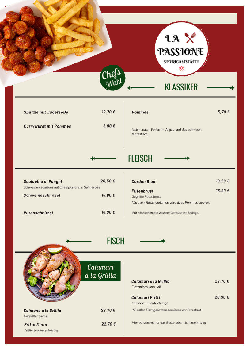 Speisekarte, LaPassione