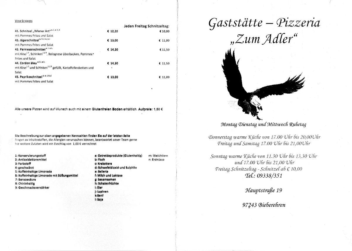 Speisekarte, Gaststätte Adler