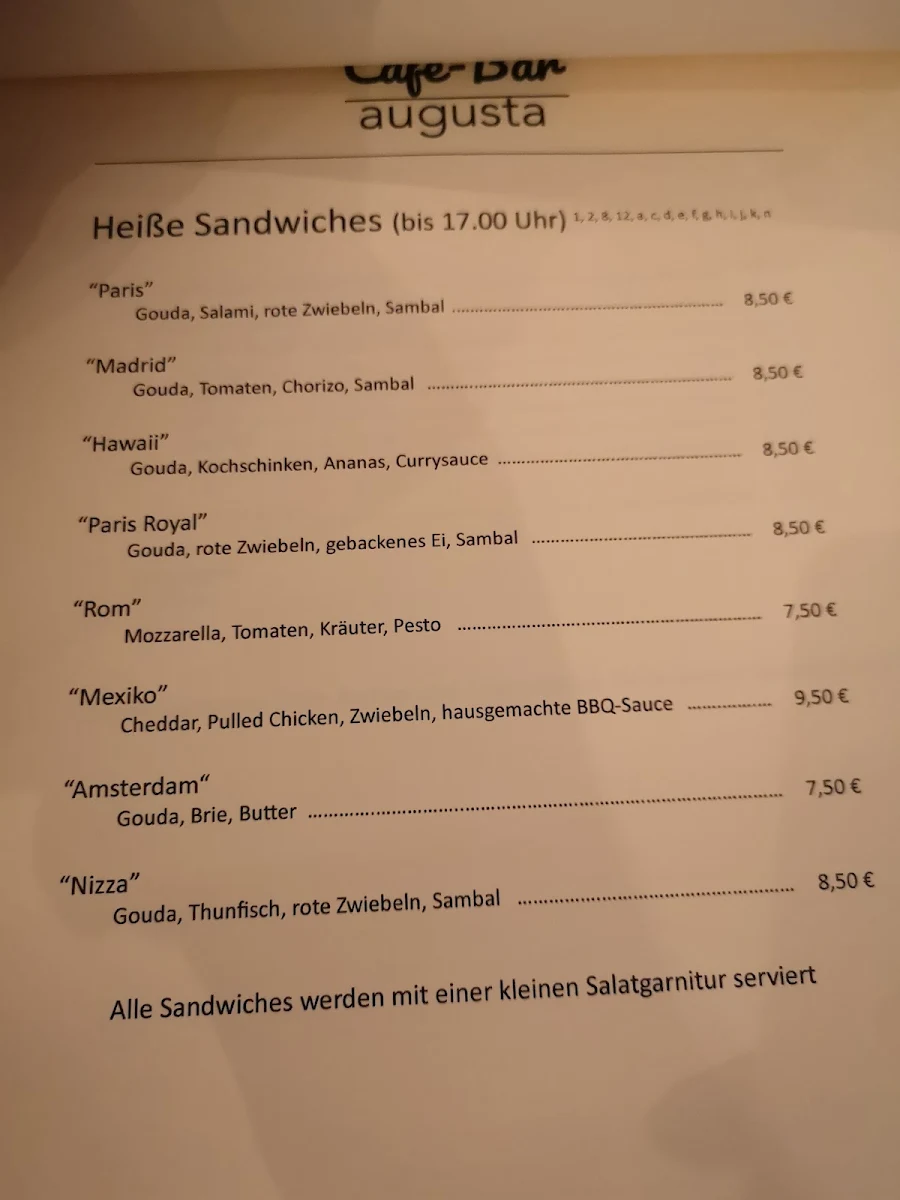 Speisekarte, Café Bar augusta