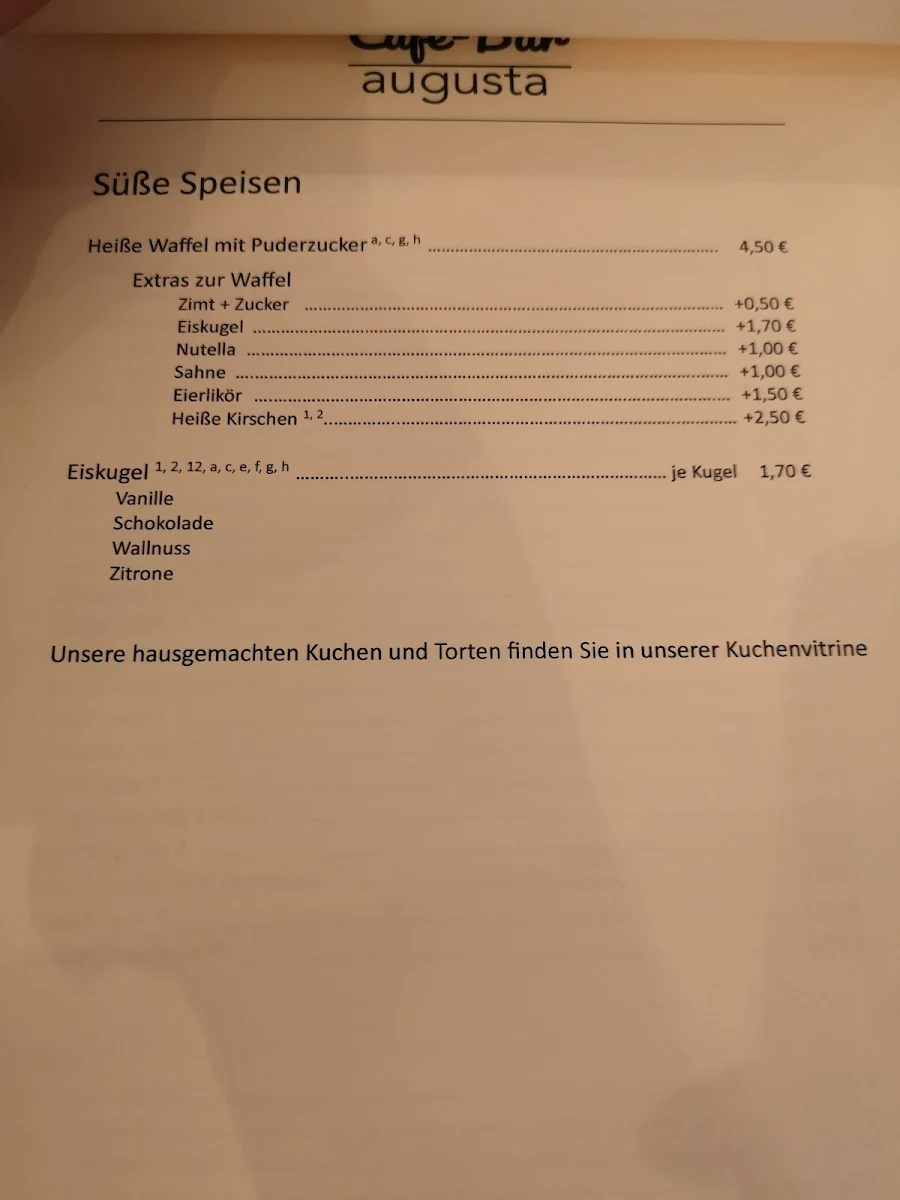 Speisekarte, Café Bar augusta