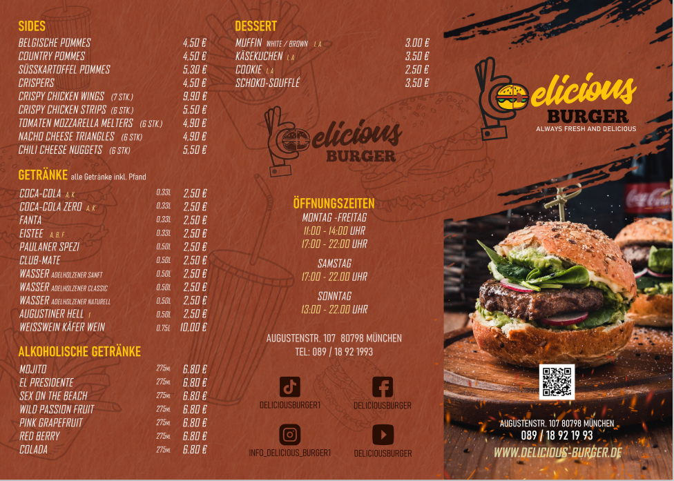 Speisekarte, Delicious Burger München