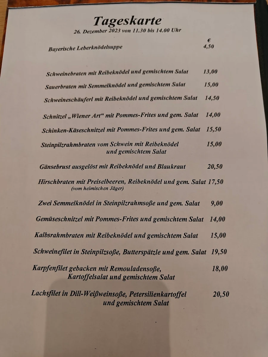 Speisekarte, Gasthof Kopf