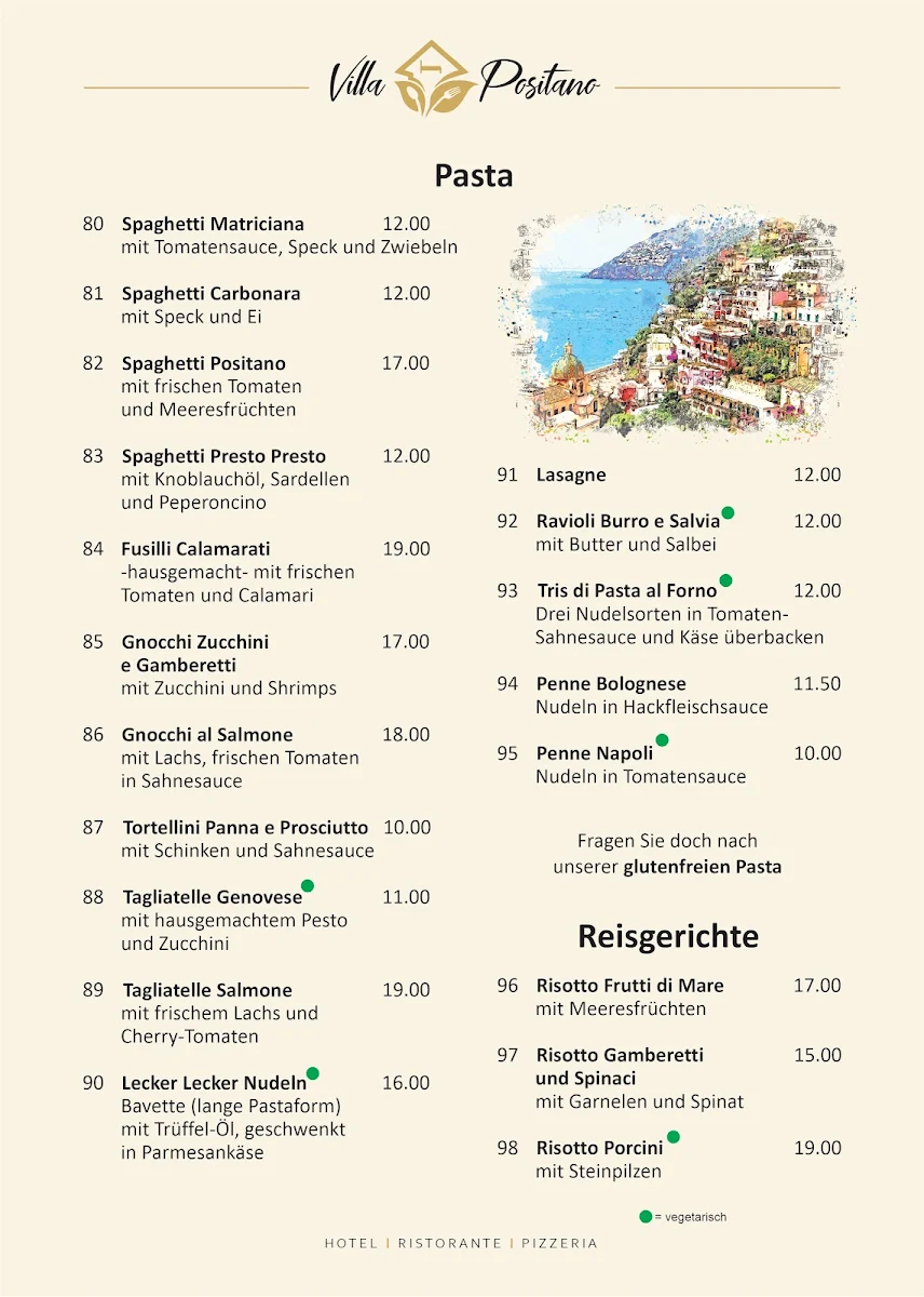 Speisekarte, Villa Positano