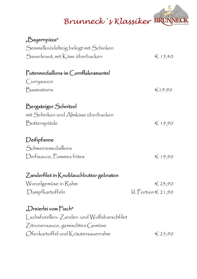 Speisekarte, Restaurant Hotel Brunneck