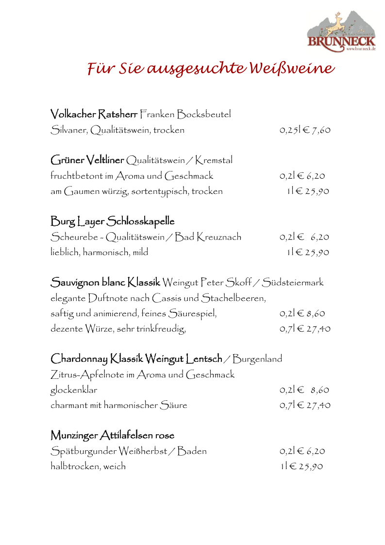 Speisekarte, Restaurant Hotel Brunneck