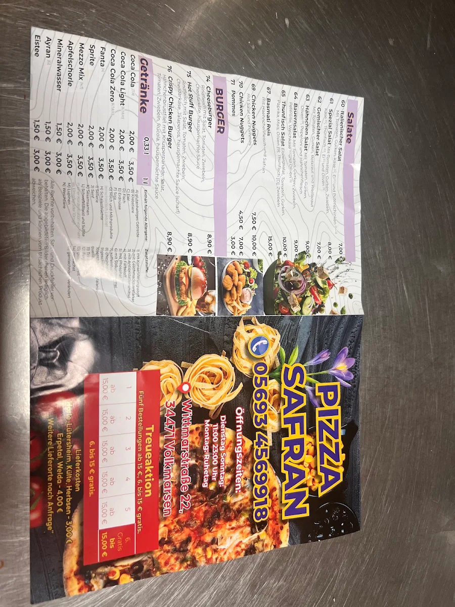Speisekarte, Pizzeria Safran