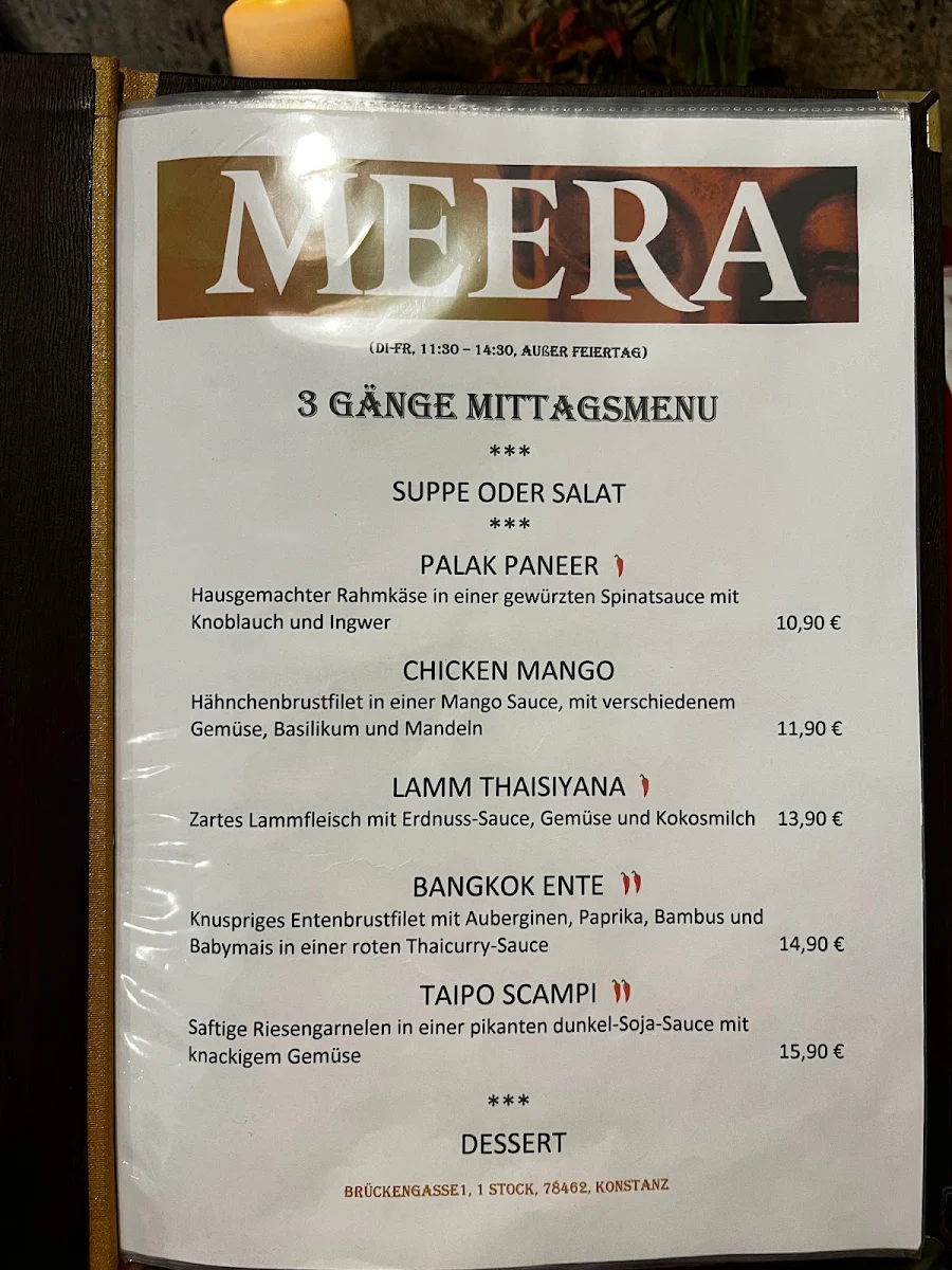 Speisekarte, Meera Indisch-Asiatisches Restaurant
