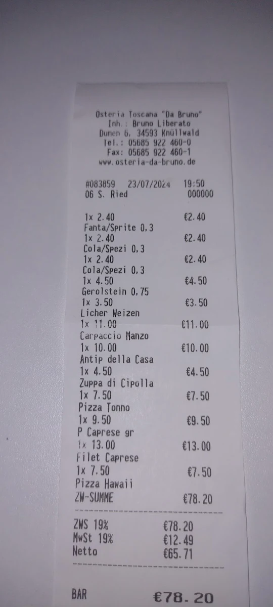 Speisekarte, Osteria Da Bruno