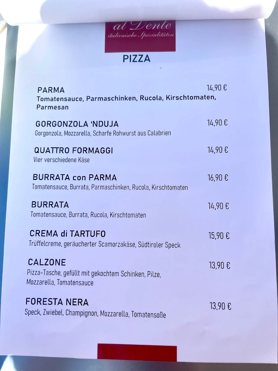 Speisekarte, al Dente Italienische Spezialitäten