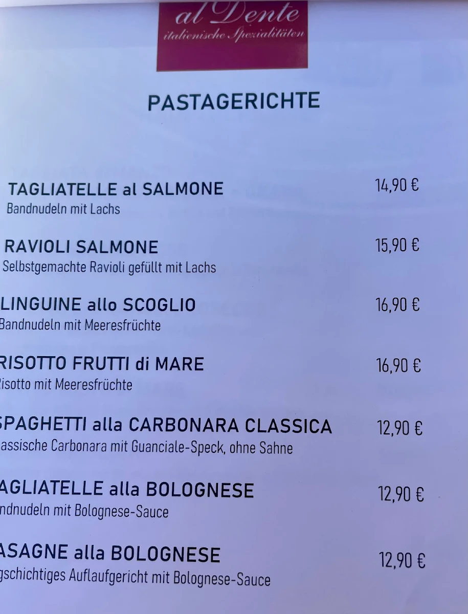 Speisekarte, al Dente Italienische Spezialitäten