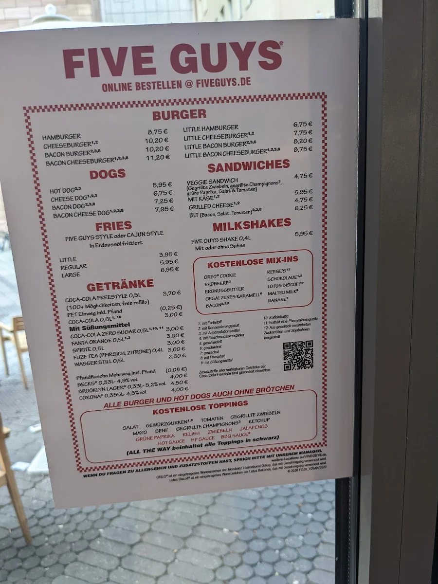 Speisekarte, Five Guys Burgers and Fries Nürnberg Lorenzkirche
