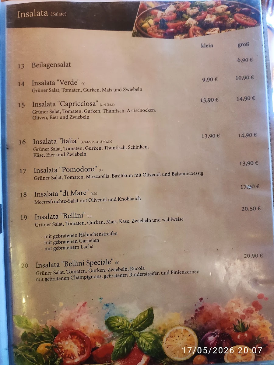 Speisekarte, Restaurant Bellini