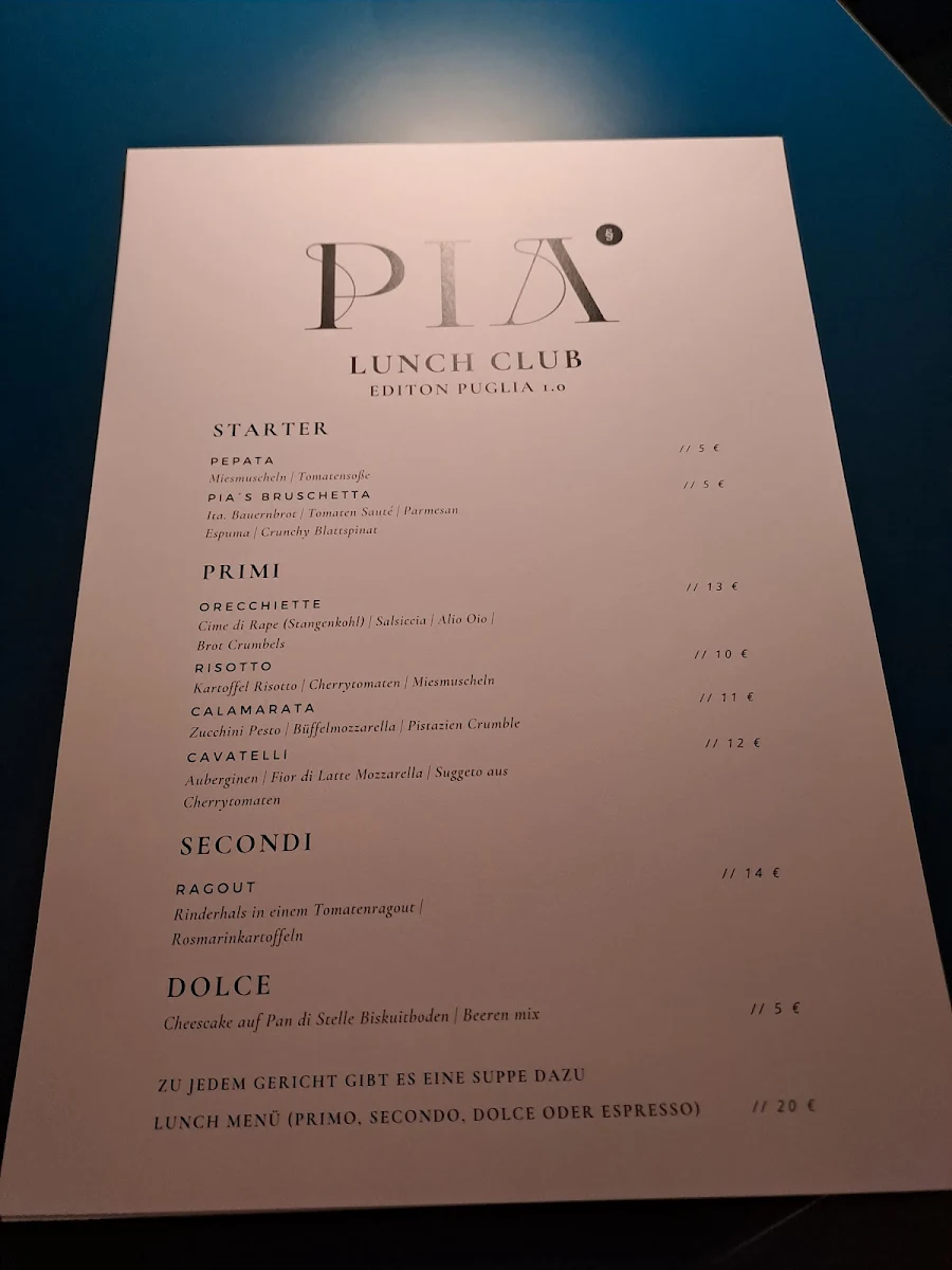 Speisekarte, PIA