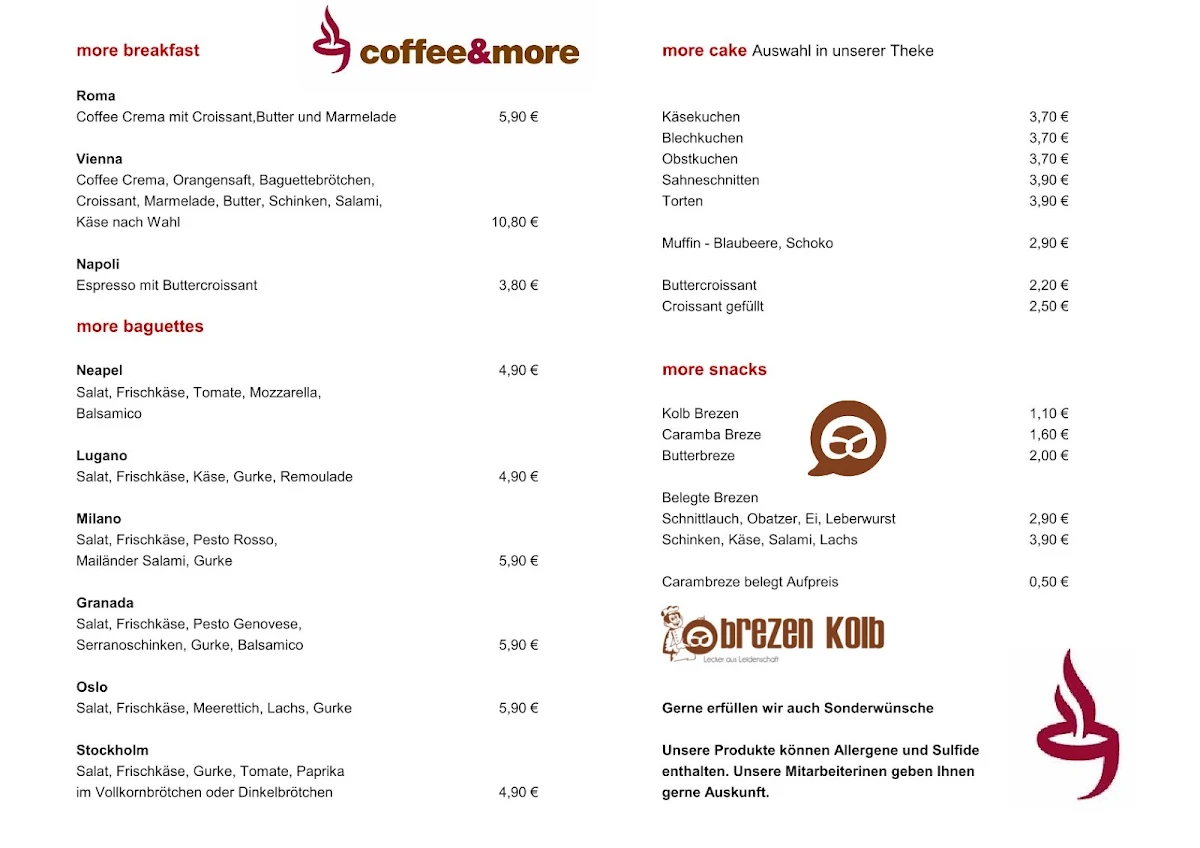 Speisekarte, coffee&more Nürnberg