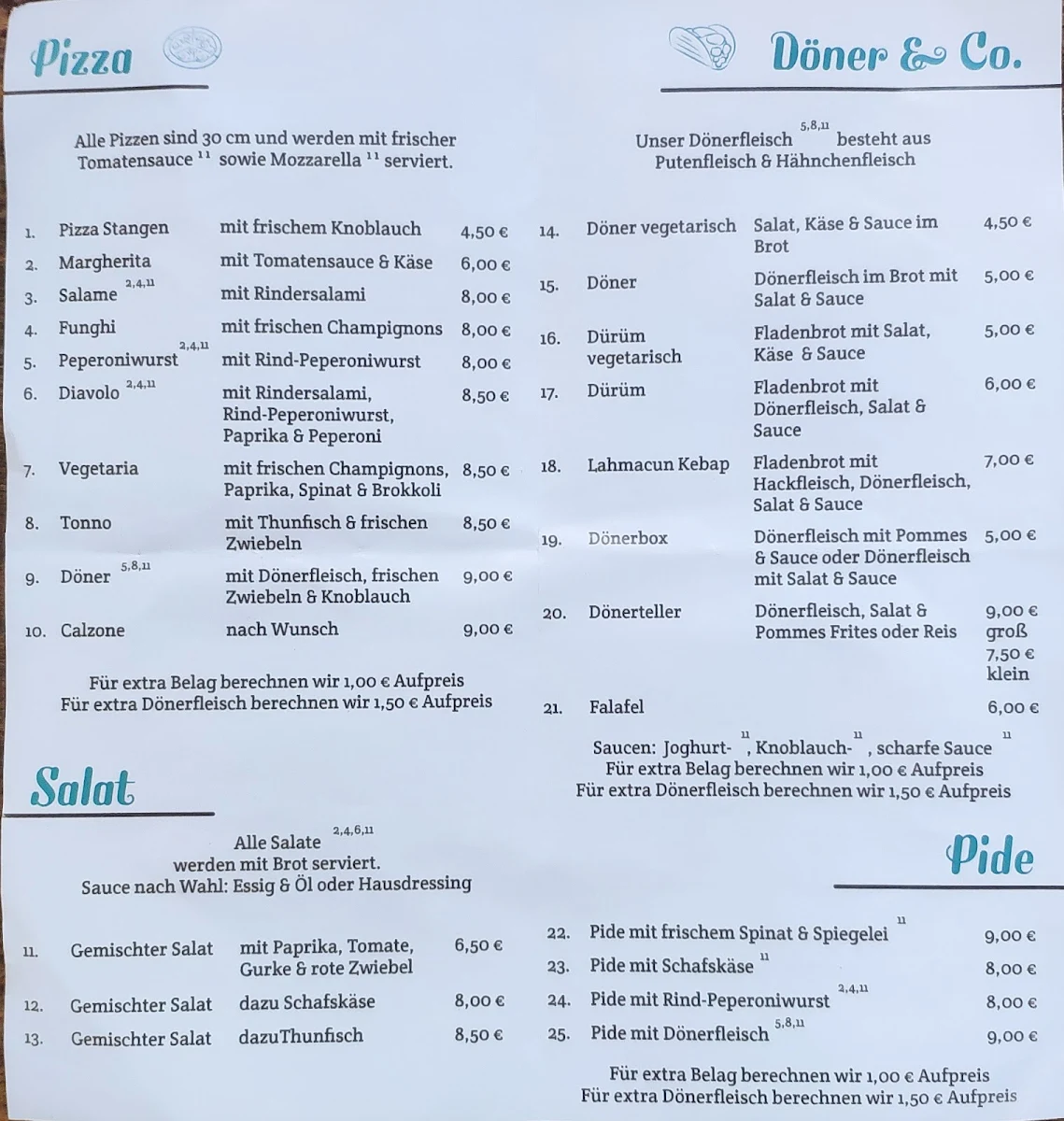 Speisekarte, Grill & Pizzeria Internationale