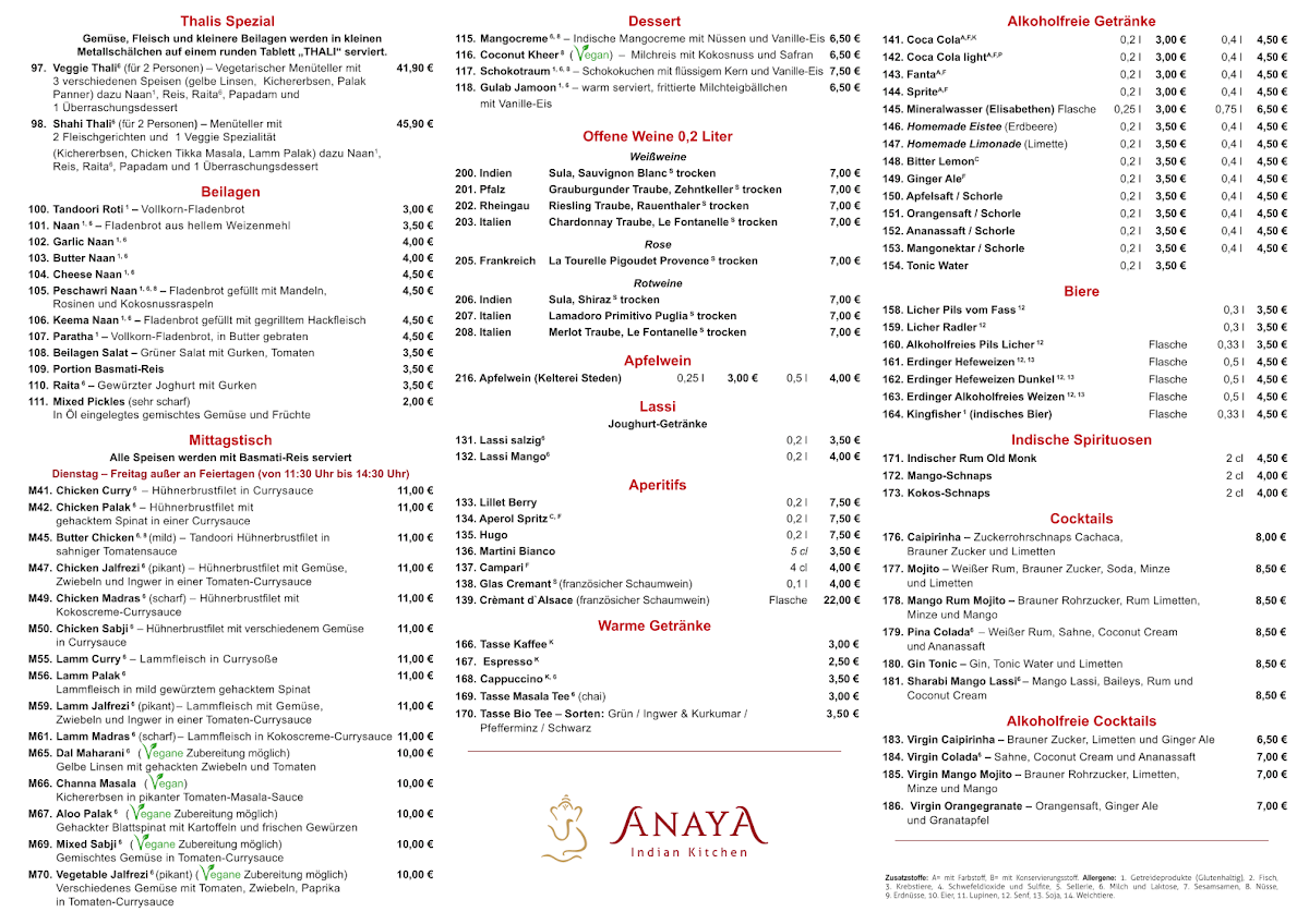 Speisekarte, Anaya Indian Kitchen