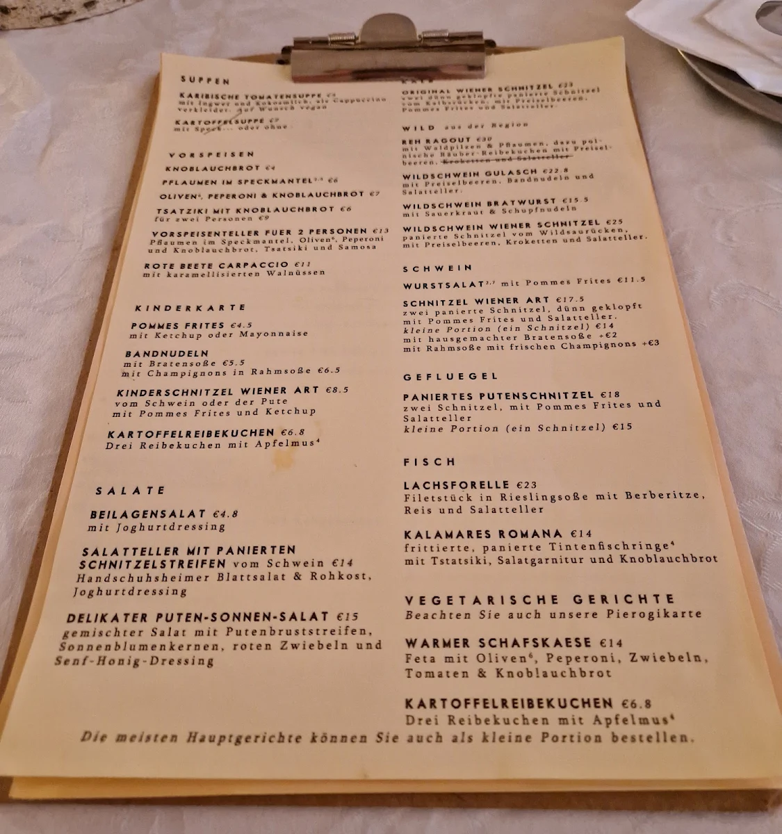 Speisekarte, Wild und Wein