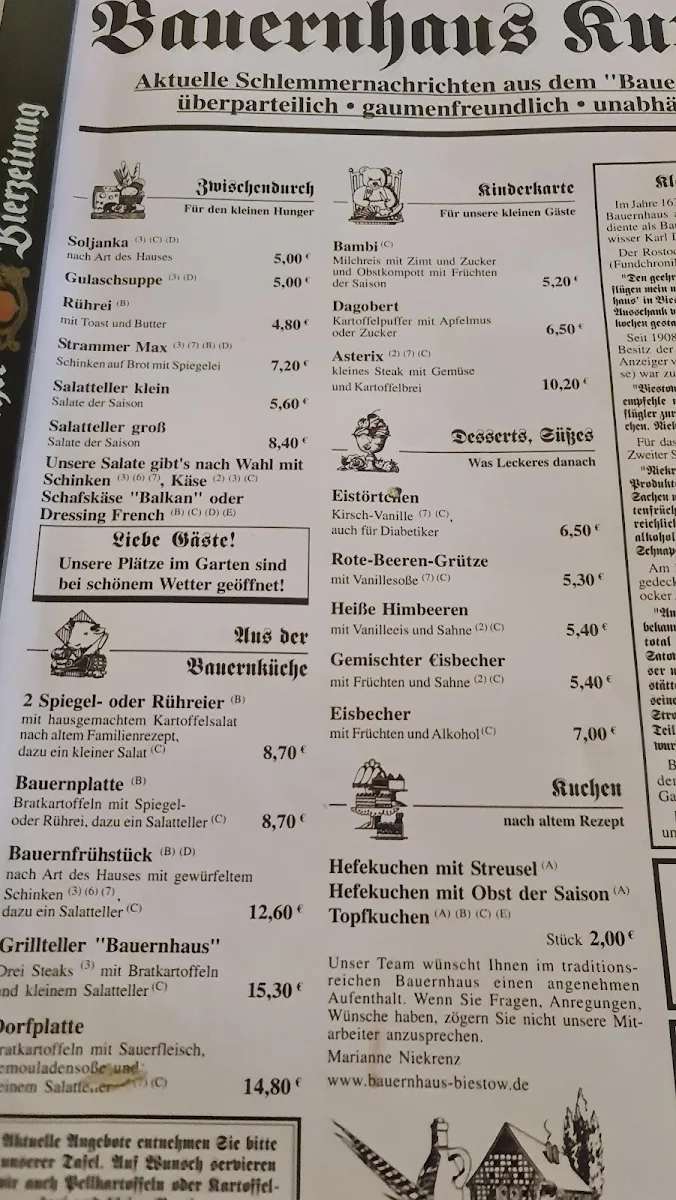 Speisekarte, Bauernhaus Biestow