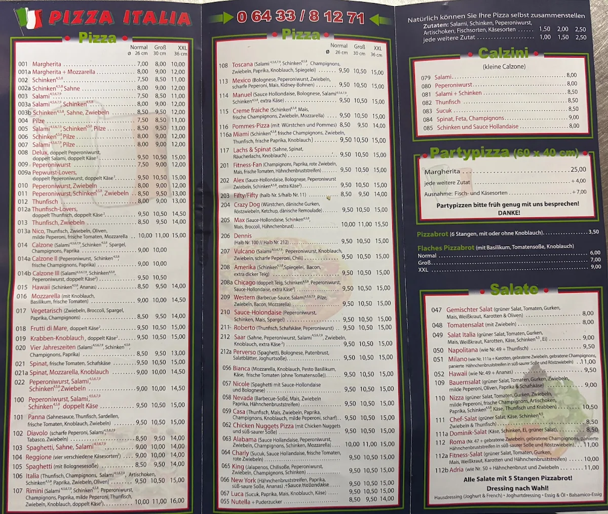 Speisekarte, Pizza Italia
