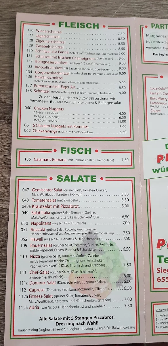 Speisekarte, Pizza Italia