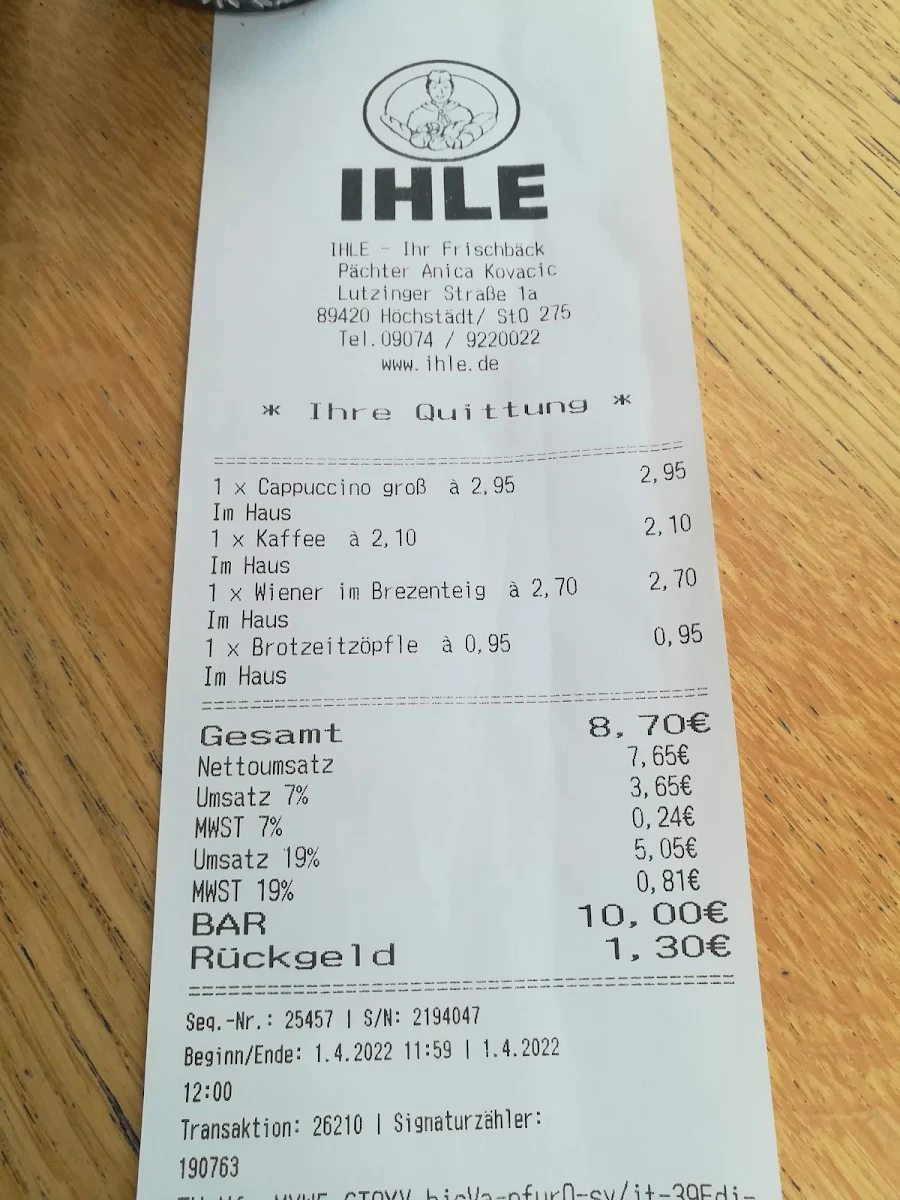 Speisekarte, Landbäckerei IHLE GmbH & Co. KG