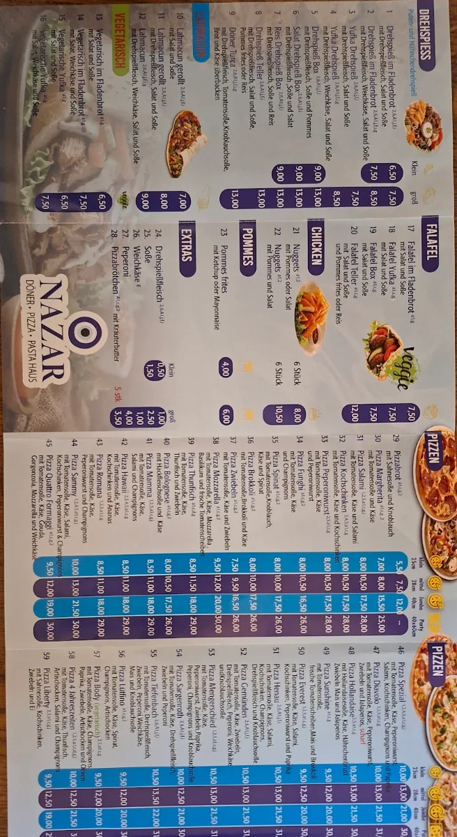 Speisekarte, Nazar Döner Pizza Pasta Haus
