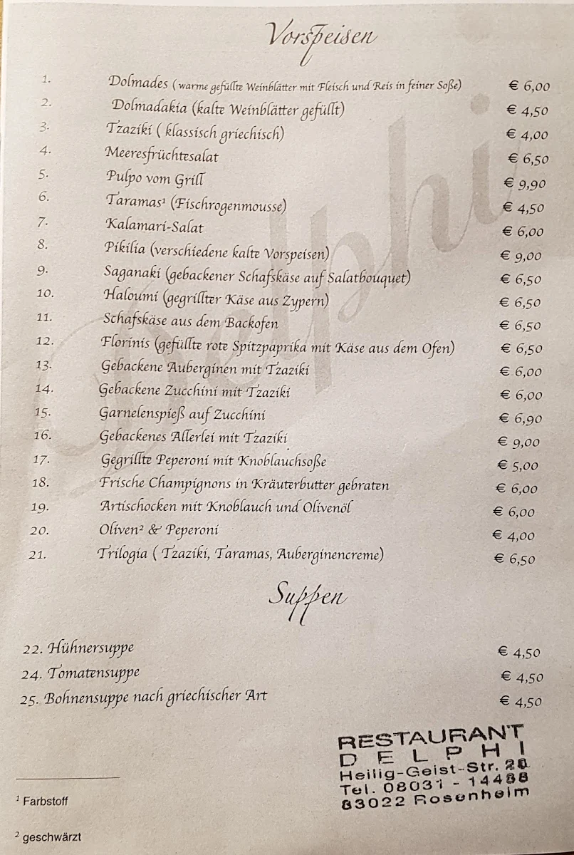 Speisekarte, Restaurant Delphi